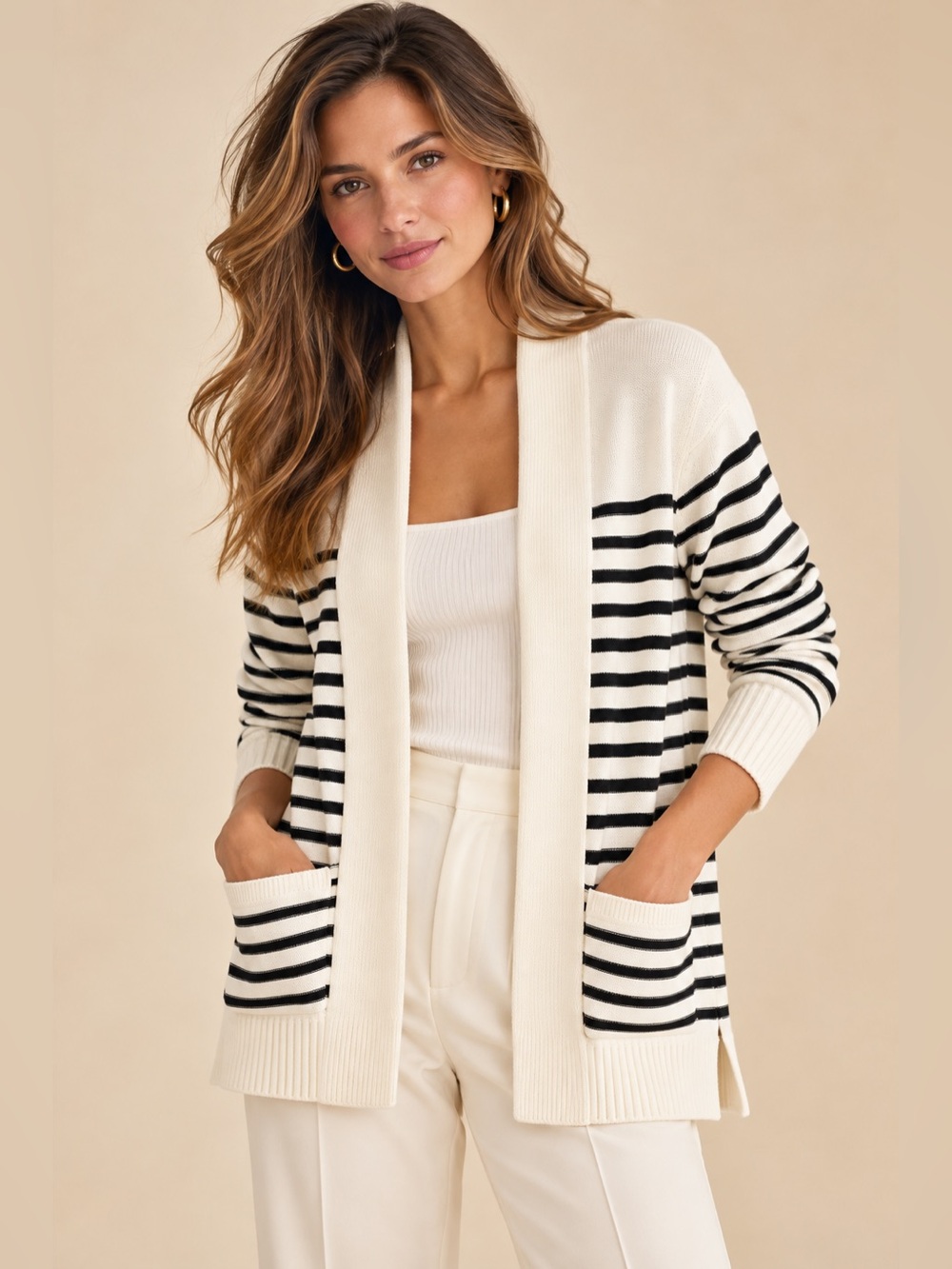 LOFT Black Ivory Stripe Knit Shawl Collar Longline Open Front Cardigan Sweater